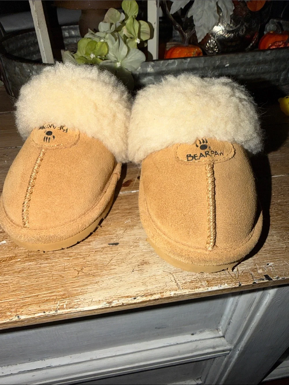 BearPaw Chestnut Brown Suede Slippers with Faux Sherlin lining